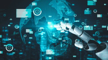 Gelecekçi robot yapay zeka yapay zeka yapay zekayı aydınlatıyor ve makine öğrenme kavramını geliştiriyor. İnsan hayatının geleceği için küresel robot biyonik bilim araştırması. 3B görüntüleme grafiği.