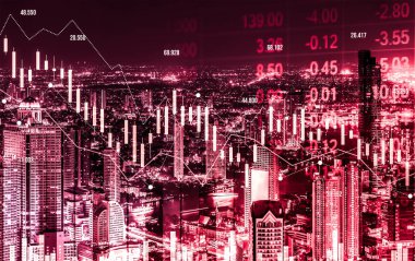 Stock market crash, declined economic, graph falling down and digital indicators overlaps modernistic city. Double exposure.