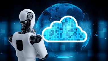 AI robot huminoid uses cloud computing technology to store data on online server . Futuristic concept of cloud information storage analyzed by machine learning process . 3D rendering .