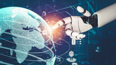 Gelecekçi robot yapay zeka devrimci yapay zeka teknoloji geliştirme ve makine öğrenme kavramı. İnsan hayatının geleceği için küresel robot biyonik bilim araştırması. 3B görüntüleme grafiği.