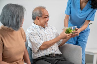 A female nurse serves a bowl of salad to a contented senior couple. Health care and medical assistance for the elderly, nursing home for pensioners.