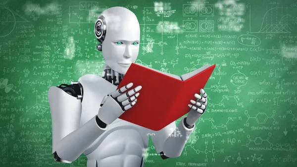 3D rendering of robot hominoid reading book and solving math data analytics in concept of future mathematics artificial intelligence, data mining and 4th fourth industrial automation revolution .