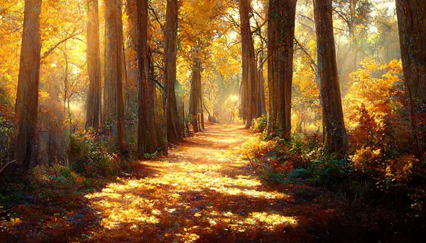 Spectacular autumn scenery in the thick forest with road path. Autumn forest landscape scene with strong sunlight and tree shadows. Digital art 3D illustration.
