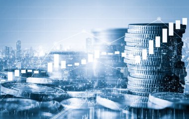 Finans ve para teknolojisi iş refahı ve varlık yönetimi kavramı. Yaratıcı grafik, refah karı elde etmek için değerli varlıklara yatırım yaparak ekonomi ve mali büyümeyi gösteriyor .