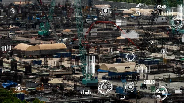 Otomasyon konseptini ve uzaktan kablosuz makine kontrolünü gösteren bir bilgisayar yazılımında fütüristik HUD kullanarak inşaat teknolojisi konsepti üzerinde değişiklik grafiği içeren konsept .