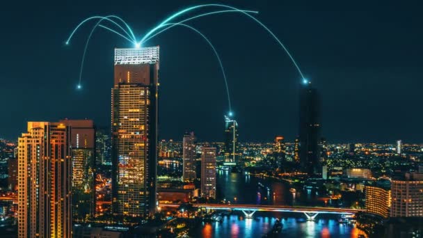 Intelligente Digitale Stadt Mit Netzwerkwechselseitigkeit Über Das Stadtbild Konzept Zukünftiger — Stockvideo