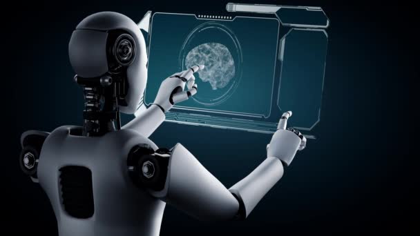 Robot Hominoïde Touchant Écran Hologramme Virtuel Montrant Concept Cerveau Pensée — Video