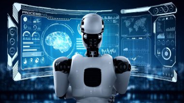 Yapay zeka robotunun hologram ekranını analiz etmesi yapay zeka ve yapay zeka kavramını makine öğrenme süreciyle gösterecektir. 3B görüntüleme.