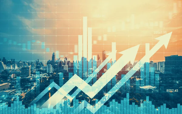 Stock market business concept. Financial graphs and digital indicators with modernistic urban area and skyscrapers as background. Double Exposure.