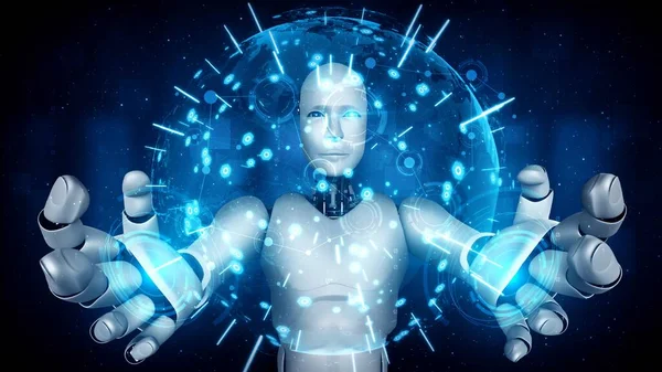 Hominoid Robot Holding Hologram Screen Shows Concept Global Communication Network — Stockfoto