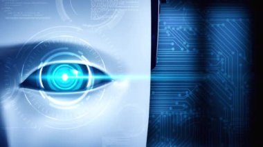 Robot hominoid face close up with graphic concept of big data analytic by AI thinking brain, artificial intelligence and machine learning process for the 4th fourth industrial revolution. 3D rendering