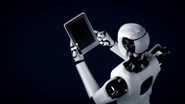 Robot Humanoid Táblagépet Használ Nagy Adatelemző Gondolkodás Agy Mesterséges Intelligencia — Stock videók