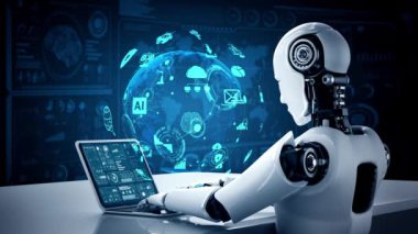 Robot hominoidler, 4. Sanayi Devrimi için yapay zeka, yapay zeka ve makine öğrenme yöntemlerini kullanarak küresel ağ bağlantıları için masada oturuyorlar. 3B görüntüleme.