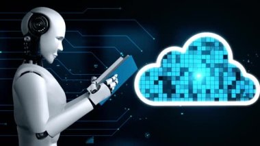 AI robot huminoid uses cloud computing technology to store data on online server . Futuristic concept of cloud information storage analyzed by machine learning process . 3D rendering .