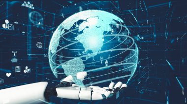 Gelecekçi robot yapay zeka devrimci yapay zeka teknoloji geliştirme ve makine öğrenme kavramı. İnsan hayatının geleceği için küresel robot biyonik bilim araştırması. 3B görüntüleme grafiği.