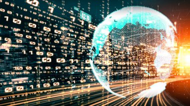 Fütürist küresel ağ ve dijital veri transferi 3D grafik. Yeni bilgi çağındaki küresel eğilimleri değiştiren akıllı dijital dönüşüm ve teknoloji bozulması kavramı .