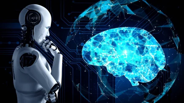Σκέψη Ανθρωποειδές Ρομπότ Ανάλυση Οθόνη Ολόγραμμα Δείχνει Έννοια Του Εγκεφάλου — Φωτογραφία Αρχείου