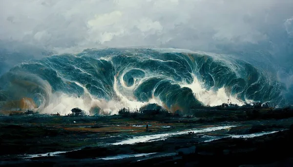 Spectacular scenery of gigantic tsunami-like wave at sea and devastating strong storm. Digital art 3D illustration seascape with massive tidal massive wave.