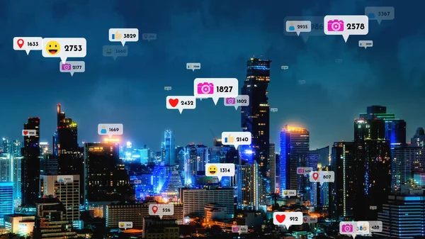 Sociale Media Pictogrammen Vliegen Stad Centrum Toont Mensen Wederkerigheid Verbinding — Stockfoto