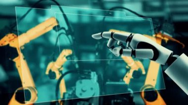 Cybernated industry robot and robotic arms for assembly in factory production . Concept of artificial intelligence for industrial revolution and automation manufacturing process .