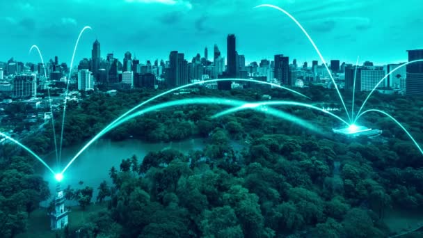 Kota Digital Cerdas Dengan Hubungan Timbal Balik Jaringan Atas Pemandangan — Stok Video