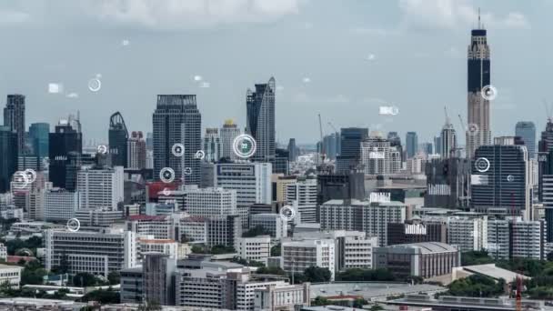 Аналитический Интерфейс Бизнес Данных Пролетает Над Умным Городом Показывая Изменение — стоковое видео
