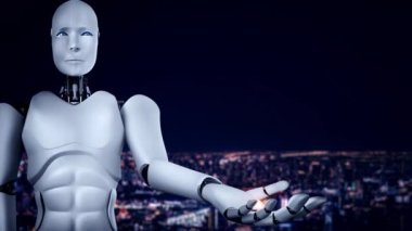 AI hominoid robot holding hologram screen shows concept of global communication network using artificial intelligence thinking by machine learning process. 3D rendering computer graphic.