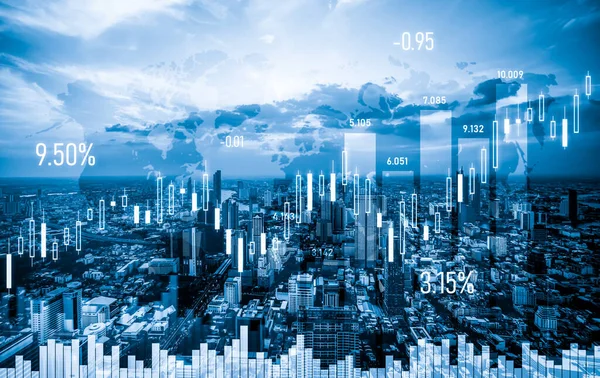 Stock market business concept. Financial graphs and digital indicators with modernistic urban area and skyscrapers as background. Double Exposure.