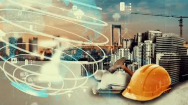 Yenilikçi mimari ve yaratıcı inşaat mühendisliği inşaat projesi. Mimar, işçi ve mühendis tarafından yapılan yaratıcı grafik tasarımı altyapı şehir binası kavramını gösteriyor.