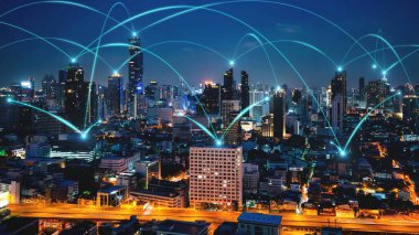 Şehir üzerinde bağlantı ağı karşılıklılığına sahip akıllı dijital şehir. Şehirdeki insanları birbirine bağlayan gelecek akıllı kablosuz dijital şehir ve sosyal medya ağı kavramı .