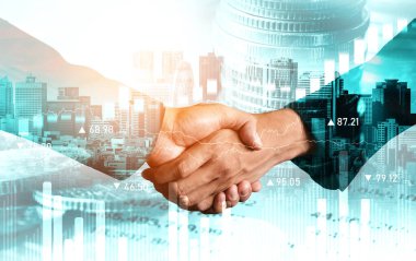 Ekonomik refah ve para teknolojisinin varlık geçmişi üzerine iş tokalaşması. Değerli borsaya yatırım yaparak ekonomik ve finansal büyüme ile refah kar birimi ticareti elde edilir