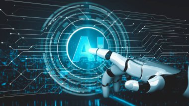 Gelecekçi robot yapay zeka yapay zeka yapay zekayı aydınlatıyor ve makine öğrenme kavramını geliştiriyor. İnsan hayatının geleceği için küresel robot biyonik bilim araştırması. 3B görüntüleme grafiği.