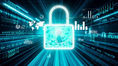 Siber güvenlik ve çevrimiçi veri koruması. Güvenli şifreleme yazılımıyla. Yeni bilgi çağındaki küresel eğilimleri değiştiren akıllı dijital dönüşüm ve teknoloji bozulması kavramı .