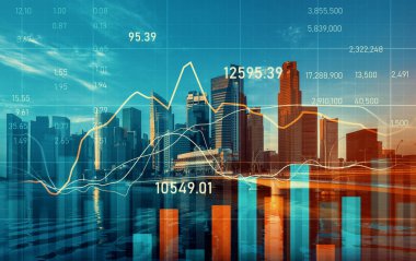 Financial graphs and digital indicators overlap with modernistic urban area, skyscrabber for stock market business concept. Double exposure.