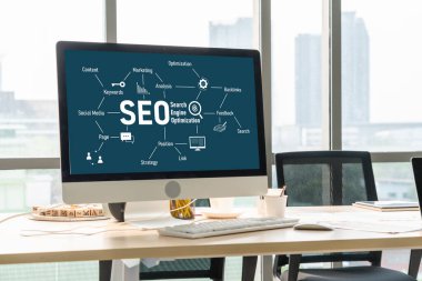 Model e-ticaret için SEO arama motoru optimizasyonu ve bilgisayar ekranında gösterilen çevrimiçi perakende işi