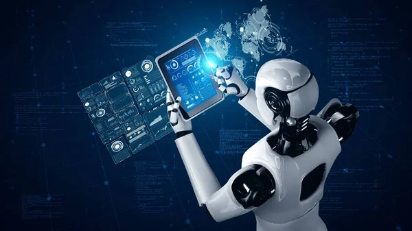 在第四次工业革命中 机器人人形机器人利用平板电脑进行大数据分析 利用人工智能 人工智能和机器学习过程 3D渲染 — 图库照片