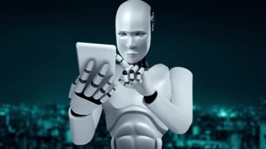 Future financial technology controll by AI robot huminoid uses machine learning and artificial intelligence to analyze business data and give advice on investment and trading decision . 3D rendering .