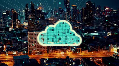 Bulut hesaplama teknolojisi ve veri paylaşımı için çevrimiçi veri depolama. Bilgisayar, bulut veri transferi için internet ağ sunucu servisine bağlanır ve 3B fütürist grafik arayüzünde gösterilir .