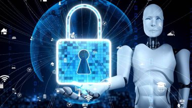 AI robot huminoid uses cloud computing technology to store data on online server . Futuristic concept of cloud information storage analyzed by machine learning process . 3D rendering .