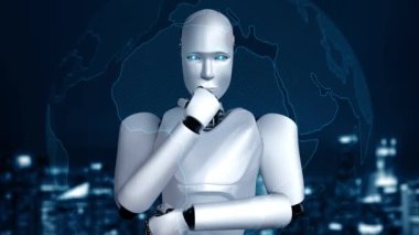 Future financial technology controll by AI robot huminoid uses machine learning and artificial intelligence to analyze business data and give advice on investment and trading decision . 3D rendering .
