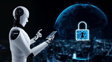 AI robot huminoid uses cloud computing technology to store data on online server . Futuristic concept of cloud information storage analyzed by machine learning process . 3D rendering .