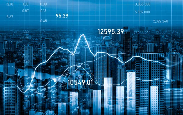 Financial Graphs Digital Indicators Overlap Modernistic Urban Area Skyscrabber Stock — Stock Photo, Image