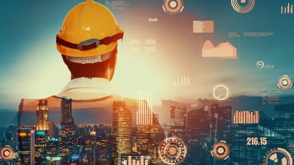 Future building construction and inventive engineering project concept with HUD hologram graphic design. Building engineer, architect people or construction worker works with modern civil technology.