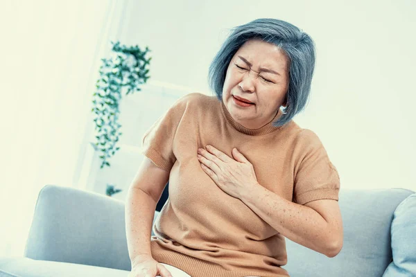 Agonizing Elderly Woman Experiencing Chest Pain Medical Attention Senior Care — Stockfoto