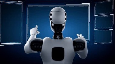 AI hominoid robot touching virtual hologram screen showing concept of big data analytic using artificial intelligence thinking by machine learning process. 3D rendering.