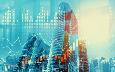 Stock market business concept. Financial graphs and digital indicators with modernistic urban area and skyscrapers as background. Double Exposure.