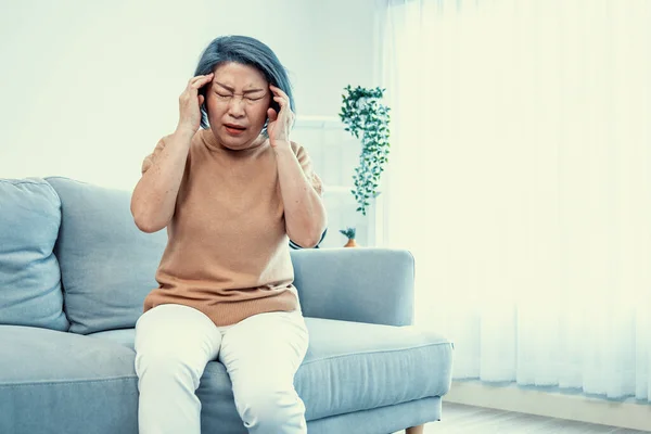 Agonizing Senior Woman Headache Compress Her Temple Both Hands Her — Foto de Stock