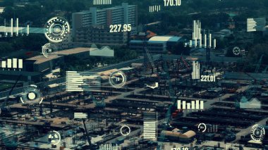 Otomasyon konseptini ve uzaktan kablosuz makine kontrolünü gösteren bir bilgisayar yazılımında fütüristik HUD kullanarak inşaat teknolojisi konsepti üzerinde değişiklik grafiği içeren konsept .