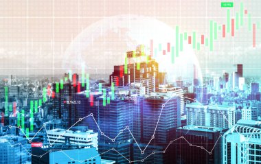 Stock market business concept. Financial graphs and digital indicators with modernistic urban area and skyscrapers as background. Double Exposure.