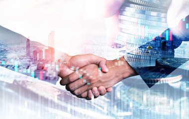 Ekonomik refah ve para teknolojisinin varlık geçmişi üzerine iş tokalaşması. Değerli borsaya yatırım yaparak ekonomik ve finansal büyüme ile refah kar birimi ticareti elde edilir